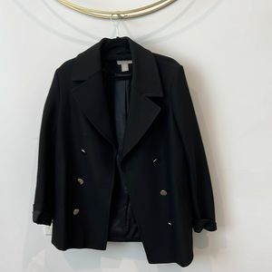 Black pea coat, hip length, shiny buttons
